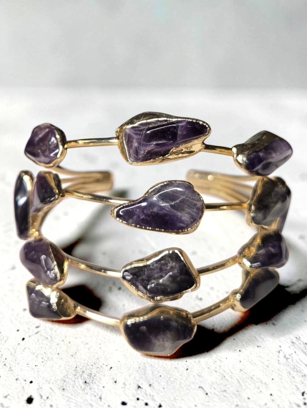 Spectacular 18k Gold Plated Genuine Amethyst Crystal Statement Cuff Bracelet
